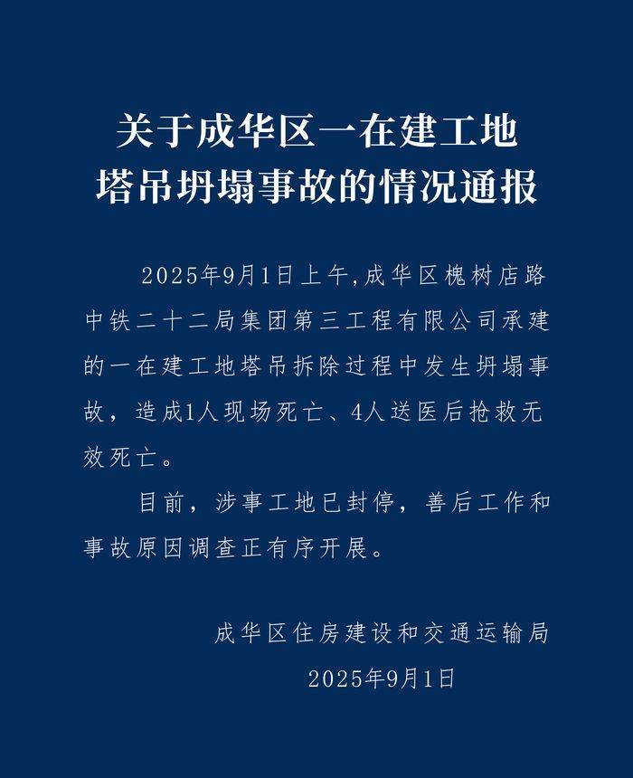 成都成华区：中铁二十二局一在建工地塔吊坍塌致5人遇难<strong></p>
<p>马斯克</strong>，涉事工地已封停